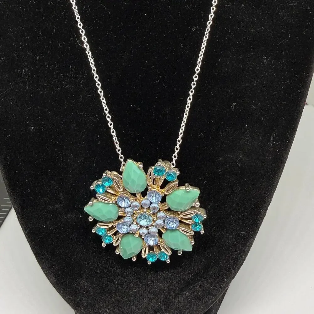 VINTAGE Brooch Pendant Aqua Rhinestone Seafoam Starburst Floral Gold Tone Pin